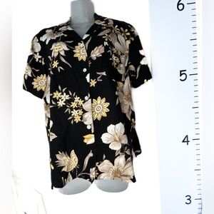 Alfred Dunner Linen Hawaiian Black Floral Shirt Women's 16